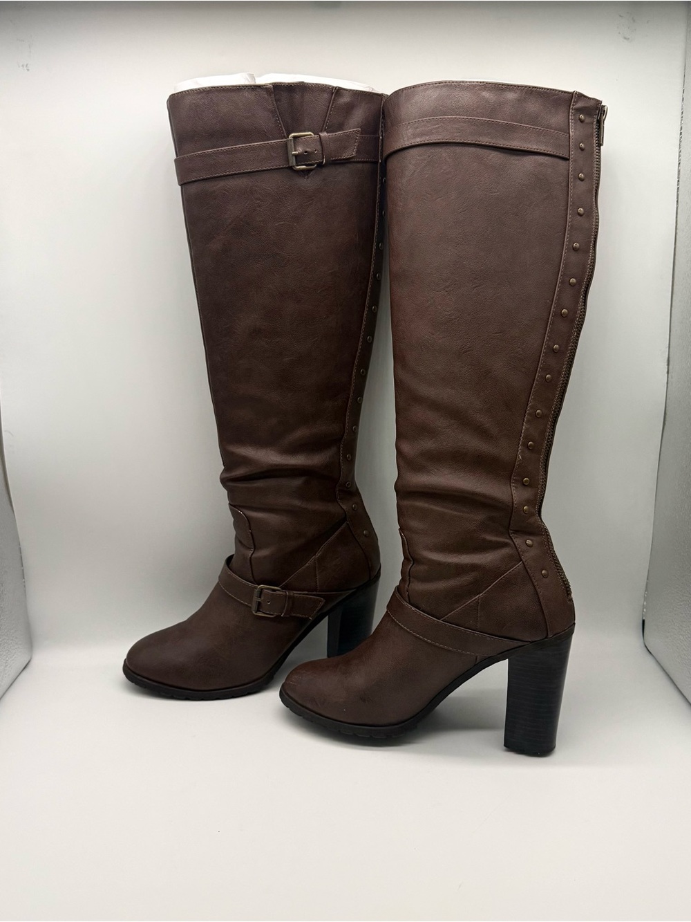 JustFab Brown Studded Knee High Block Heel Riding Moto Boots Size 8